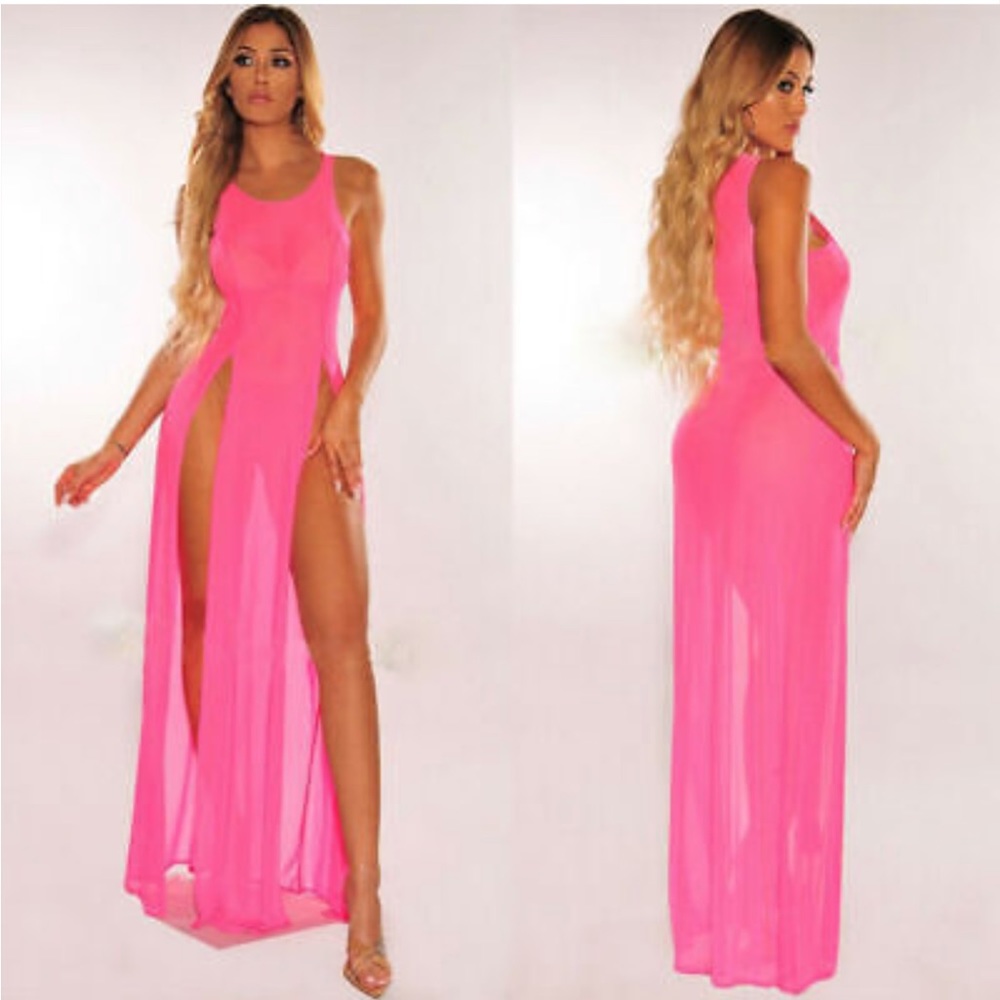 Pink swimsuit maxi coverup high slit  size small